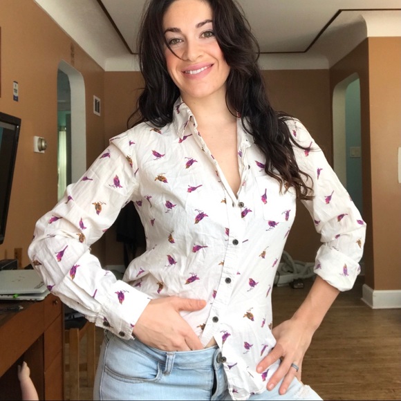 MERONA NWOT beige 💯 cotton cute bird button down - Picture 5 of 10